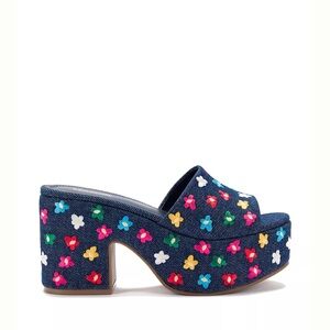 Larroude Miso Platform Deep Blue Denim Multi Color Flowers